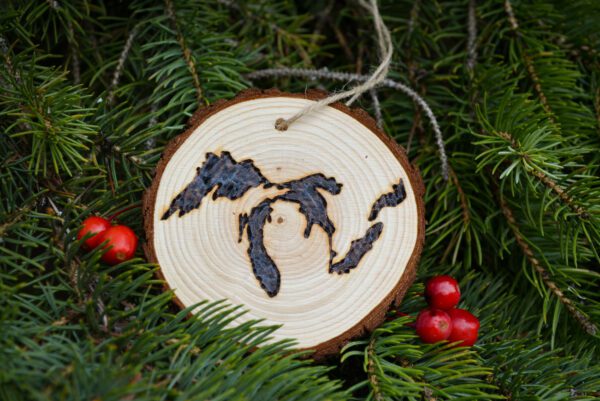 Wood-burned Michigan Ornament